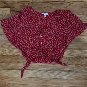 Red Patrons of Peace Crop Top Tie Blouse with Buttons and Blue Accents - Size XS